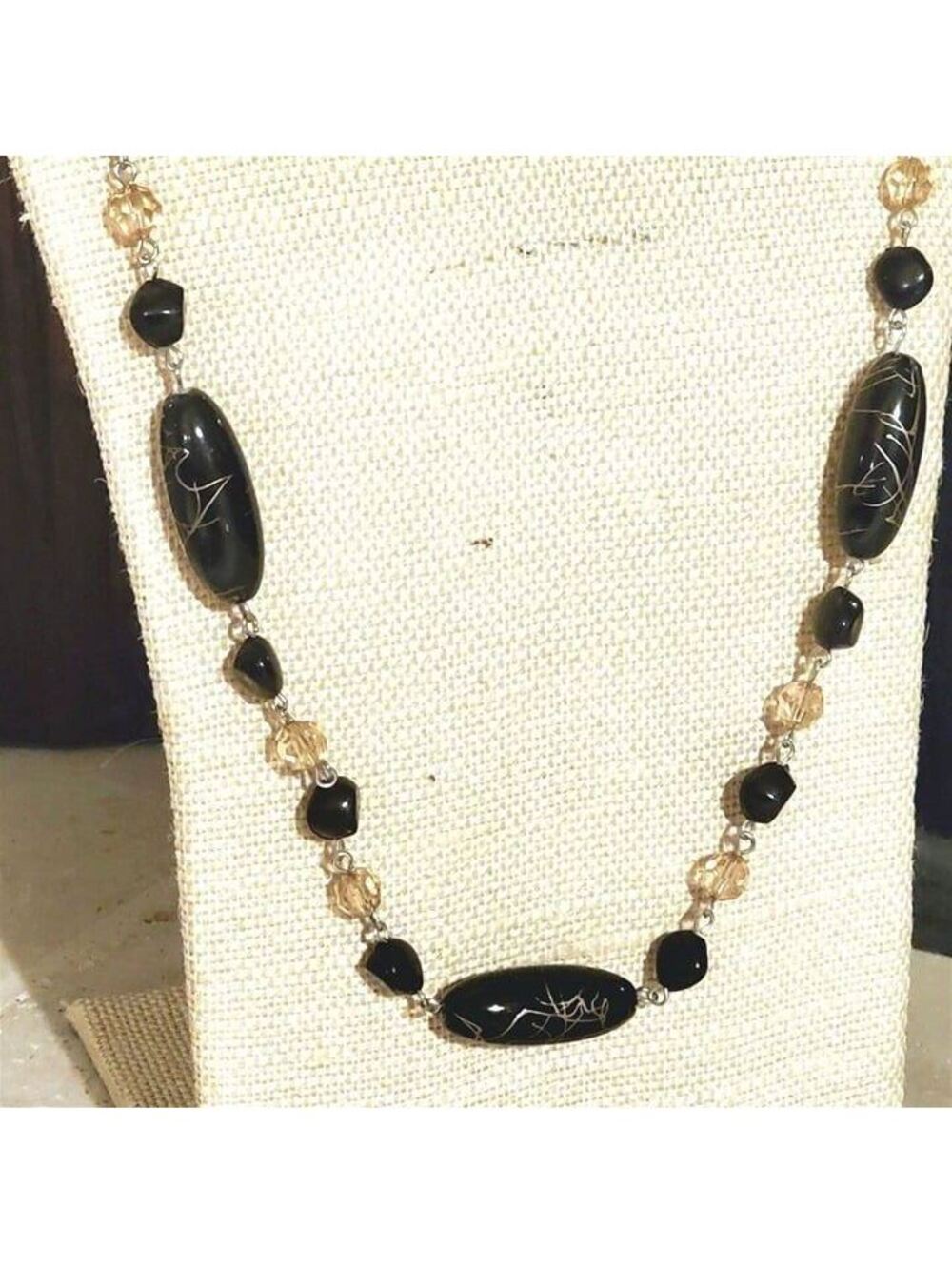 Vintage Black Oval Gold Drizzle Acrylic Beads Chunky Retro Necklace